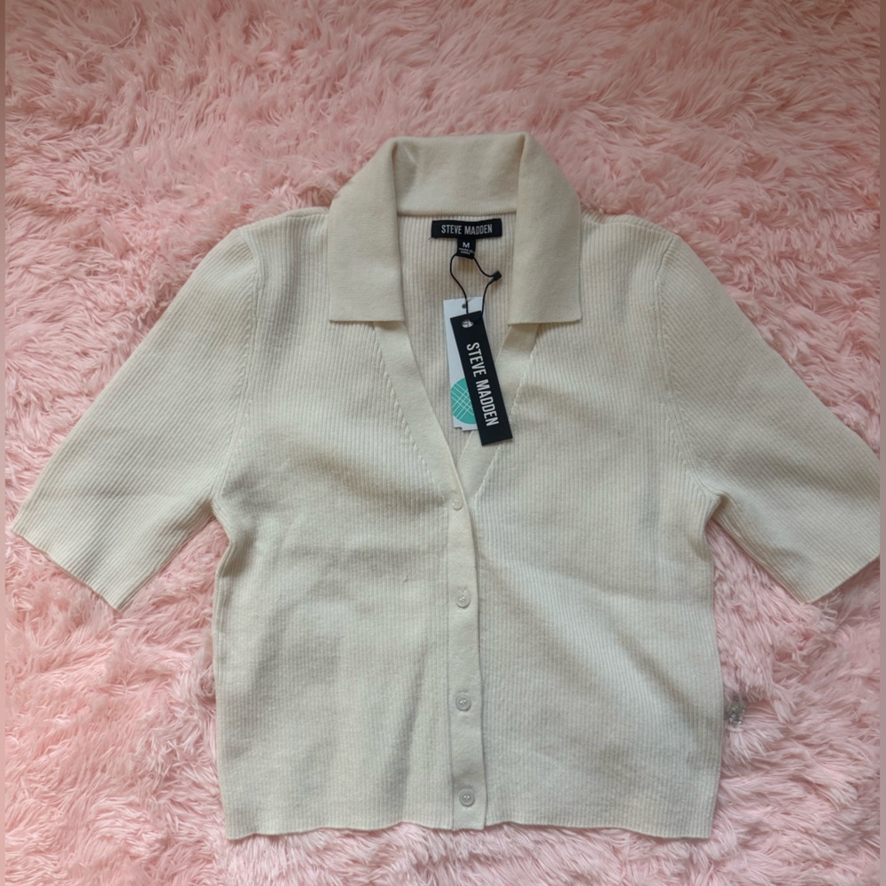 Steve Madden Ivory Short Sleeve Button-Up Cardigan